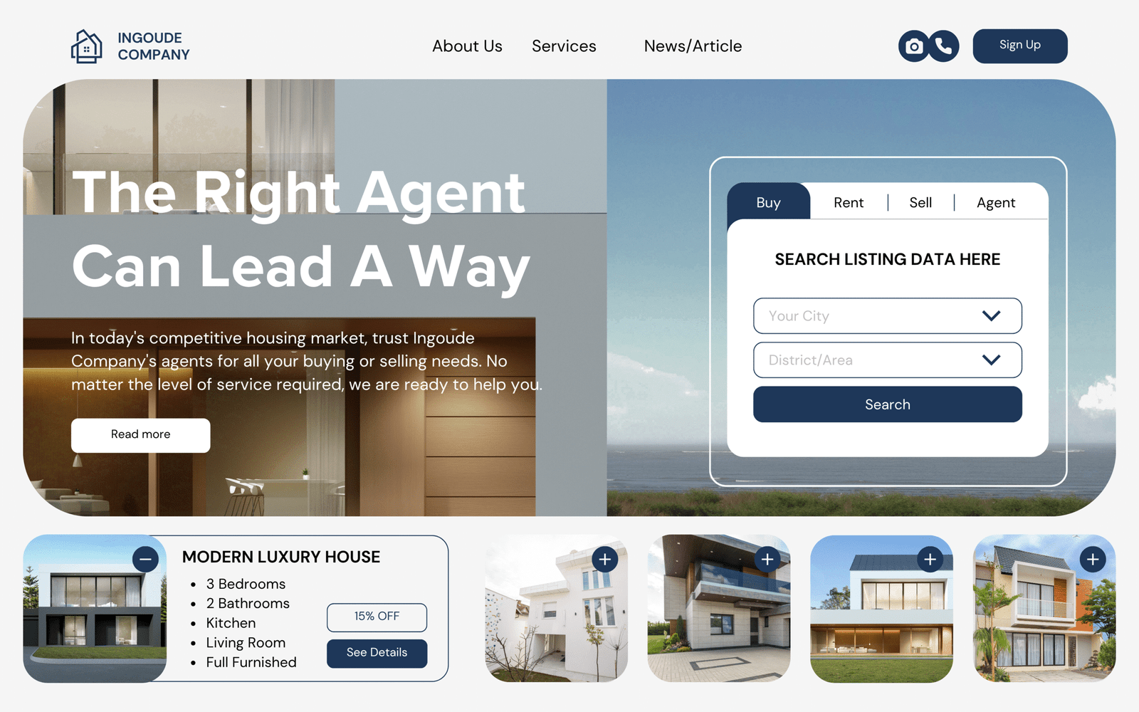 White Blue Rounded Minimalist Real Estate Business Desktop Prototype
